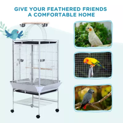 PawHut 63.5"H Large Bird Cage Stand with Feeder,Play Top,House,Perch,Bowl,Wheels - Image 4
