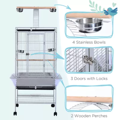 PawHut 63.5"H Large Bird Cage Stand with Feeder,Play Top,House,Perch,Bowl,Wheels - Image 7