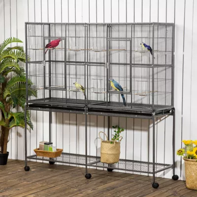 PawHut 64"H Extra Large Bird Cage with Detachable Rolling Stand, Storage Shelf, Wood Perch,Food Bowl - Image 2