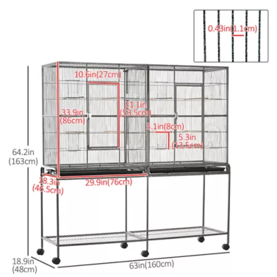 PawHut 64"H Extra Large Bird Cage with Detachable Rolling Stand, Storage Shelf, Wood Perch,Food Bowl - Image 3