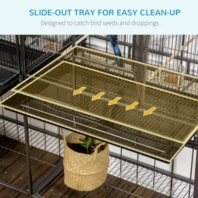 PawHut 64"H Extra Large Bird Cage with Detachable Rolling Stand, Storage Shelf, Wood Perch,Food Bowl - Image 4