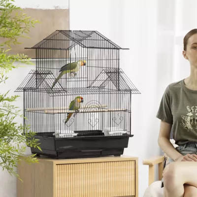 PawHut 25"H Bird Cage with Perch, Swing, Food Container, Slide-out Tray, Handle - Image 2