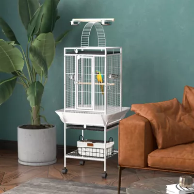 PawHut 61.5"H Bird Cage with Stand, Pull Out Tray, Play Top, Storage Shelf, Wood Perch, Food Bowl - Image 2