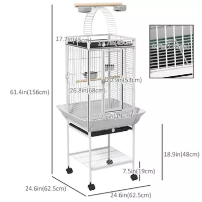 PawHut 61.5"H Bird Cage with Stand, Pull Out Tray, Play Top, Storage Shelf, Wood Perch, Food Bowl - Image 3