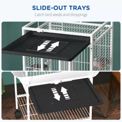 PawHut 61.5"H Bird Cage with Stand, Pull Out Tray, Play Top, Storage Shelf, Wood Perch, Food Bowl - Image 4