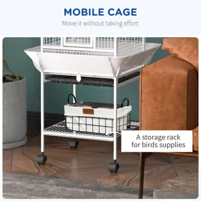 PawHut 61.5"H Bird Cage with Stand, Pull Out Tray, Play Top, Storage Shelf, Wood Perch, Food Bowl - Image 5