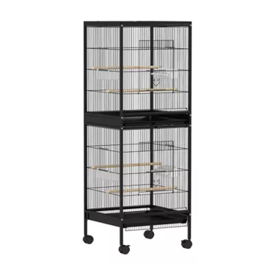PawHut 55.1"H Double Bird Cage with Wheels, Slide-out Trays, Wood Perch, Food Containers - Image 1
