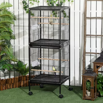PawHut 55.1"H Double Bird Cage with Wheels, Slide-out Trays, Wood Perch, Food Containers - Image 2
