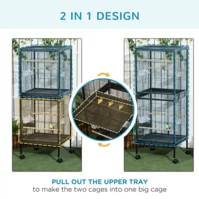 PawHut 55.1"H Double Bird Cage with Wheels, Slide-out Trays, Wood Perch, Food Containers - Image 4