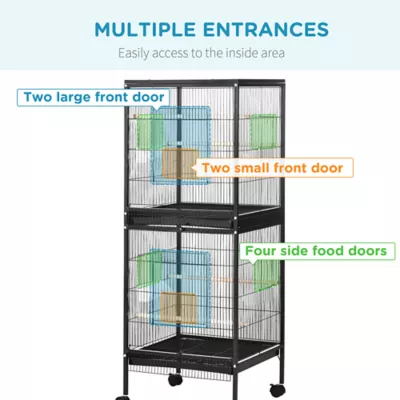PawHut 55.1"H Double Bird Cage with Wheels, Slide-out Trays, Wood Perch, Food Containers - Image 5