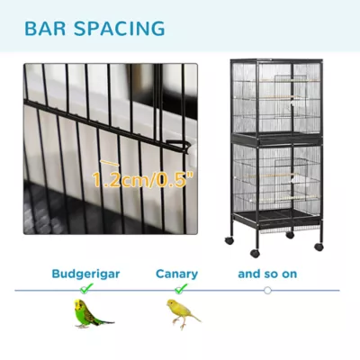 PawHut 55.1"H Double Bird Cage with Wheels, Slide-out Trays, Wood Perch, Food Containers - Image 7