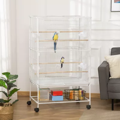 PawHut 52''H Large Rolling Steel Bird Cage with Rolling Stand, Storage Shelf, Wood Perch, Food Bowl - Image 2