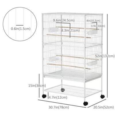 PawHut 52''H Large Rolling Steel Bird Cage with Rolling Stand, Storage Shelf, Wood Perch, Food Bowl - Image 3