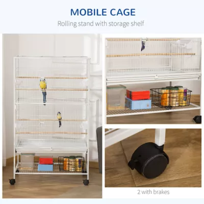 PawHut 52''H Large Rolling Steel Bird Cage with Rolling Stand, Storage Shelf, Wood Perch, Food Bowl - Image 5