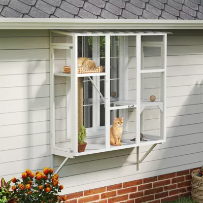 PawHut Wooden Catio Cat Window Box Enclosure for 2-3 Large Cats with 2 Jumping Platforms & Post - Image 2