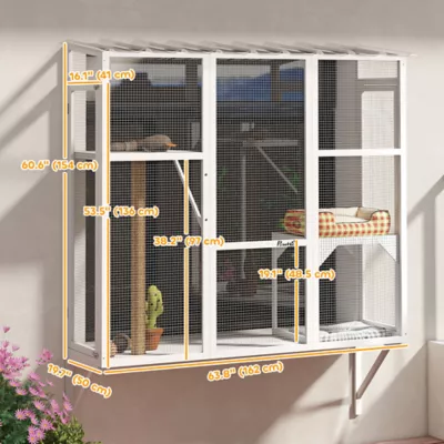 PawHut Wooden Catio Cat Window Box Enclosure for 2-3 Large Cats with 2 Jumping Platforms & Post - Image 3