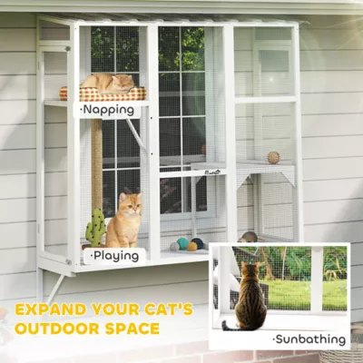 PawHut Wooden Catio Cat Window Box Enclosure for 2-3 Large Cats with 2 Jumping Platforms & Post - Image 4