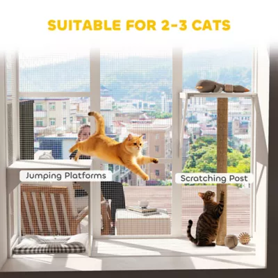 PawHut Wooden Catio Cat Window Box Enclosure for 2-3 Large Cats with 2 Jumping Platforms & Post - Image 5
