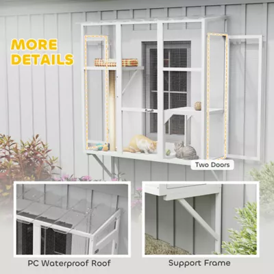 PawHut Wooden Catio Cat Window Box Enclosure for 2-3 Large Cats with 2 Jumping Platforms & Post - Image 6
