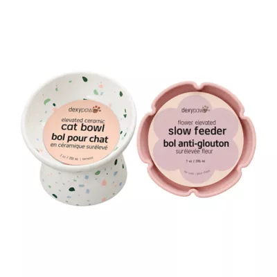Dexypaws Set of 2 Cat Bowls - 1 Blush Pink Elevated Slow Feeder & 1 Terrazzo Elevated Ceramic Bowl - Image 1