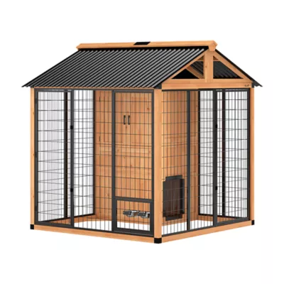 PawHut Outdoor Dog House, Wooden Dog Kennel with Storage Cabinet & Stainless Steel Bowls, 85.8"H - Image 1