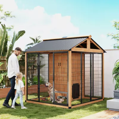 PawHut Outdoor Dog House, Wooden Dog Kennel with Storage Cabinet & Stainless Steel Bowls, 85.8"H - Image 2