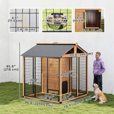 PawHut Outdoor Dog House, Wooden Dog Kennel with Storage Cabinet & Stainless Steel Bowls, 85.8"H - Image 3
