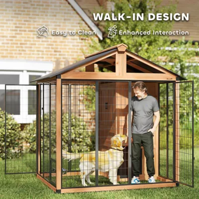PawHut Outdoor Dog House, Wooden Dog Kennel with Storage Cabinet & Stainless Steel Bowls, 85.8"H - Image 5