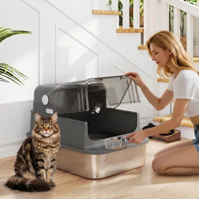 PawHut XXL Stainless Steel Cat Litter Box, Enclosed with High Sides, Scoop, Easy Clean, for Big Cats - Image 2