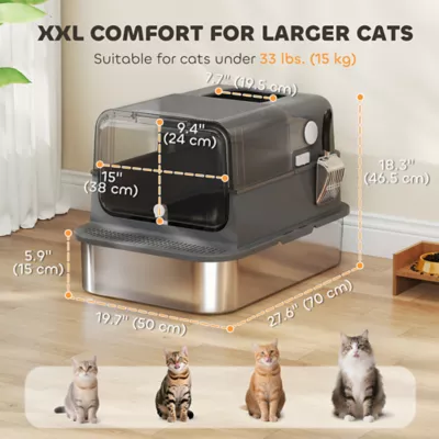 PawHut XXL Stainless Steel Cat Litter Box, Enclosed with High Sides, Scoop, Easy Clean, for Big Cats - Image 3