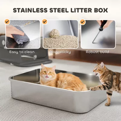 PawHut XXL Stainless Steel Cat Litter Box, Enclosed with High Sides, Scoop, Easy Clean, for Big Cats - Image 4