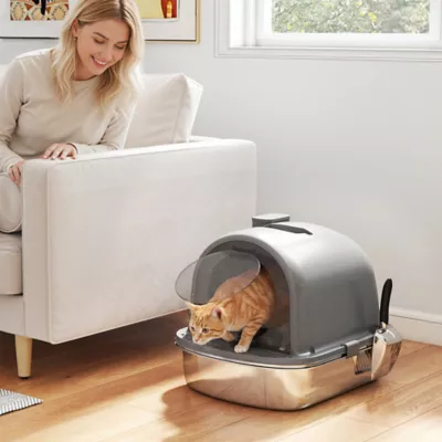 PawHut Enclosed Stainless Steel Litter Box with Scoop, Deodorizer Bag, Handle - Image 2