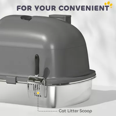 PawHut Enclosed Stainless Steel Litter Box with Scoop, Deodorizer Bag, Handle - Image 6