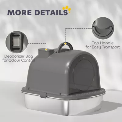 PawHut Enclosed Stainless Steel Litter Box with Scoop, Deodorizer Bag, Handle - Image 7