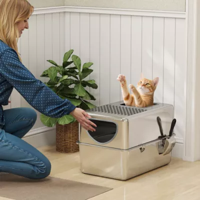 PawHut Fully Stainless Steel Cat Litter Box with Lid and Scoop - Image 2