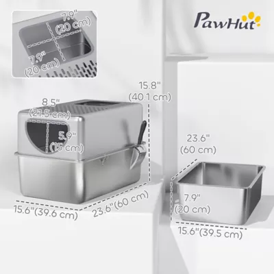 PawHut Fully Stainless Steel Cat Litter Box with Lid and Scoop - Image 3