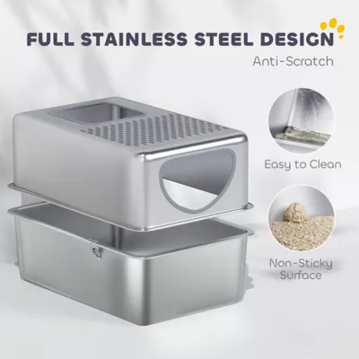 PawHut Fully Stainless Steel Cat Litter Box with Lid and Scoop - Image 4