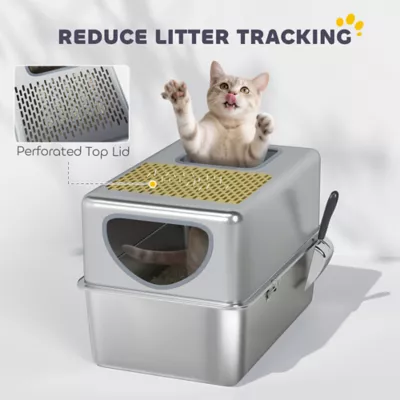 PawHut Fully Stainless Steel Cat Litter Box with Lid and Scoop - Image 6