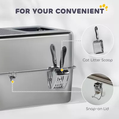 PawHut Fully Stainless Steel Cat Litter Box with Lid and Scoop - Image 7