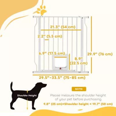PawHut Adjustable Dog Gate with Cat Door, Pressure/Hardware Mounted 29.5"-33.5"L - Image 3