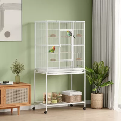 PawHut Large Rolling Bird Cage with Detachable Rolling Stand, Storage Shelf, Wood Perch, 64"H - Image 2