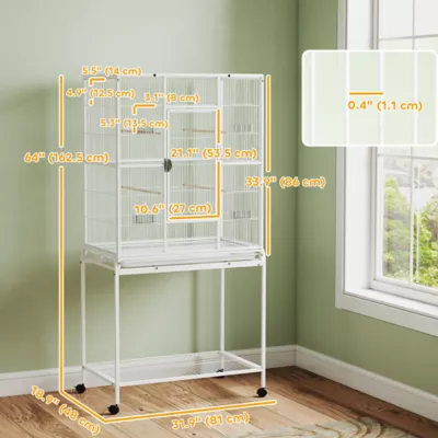 PawHut Large Rolling Bird Cage with Detachable Rolling Stand, Storage Shelf, Wood Perch, 64"H - Image 3