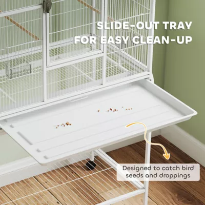 PawHut Large Rolling Bird Cage with Detachable Rolling Stand, Storage Shelf, Wood Perch, 64"H - Image 4