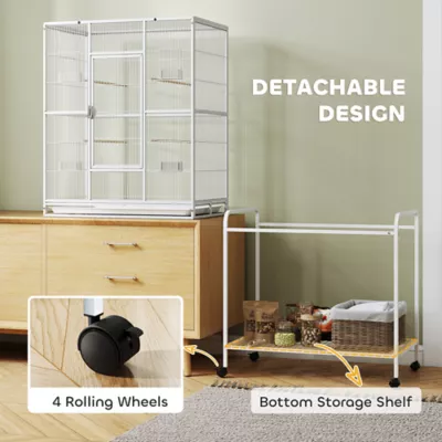 PawHut Large Rolling Bird Cage with Detachable Rolling Stand, Storage Shelf, Wood Perch, 64"H - Image 6
