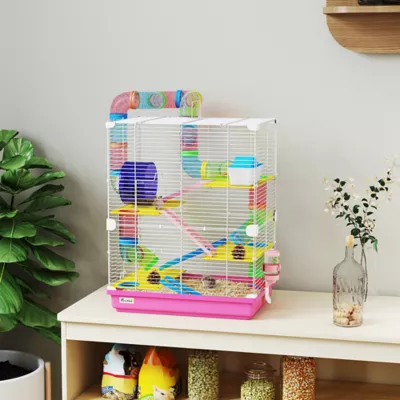 PawHut 5-Tier Hamster Cage with Exercise Wheels, Play Tube, Water Bottle, Dishes, Ladders - Image 2