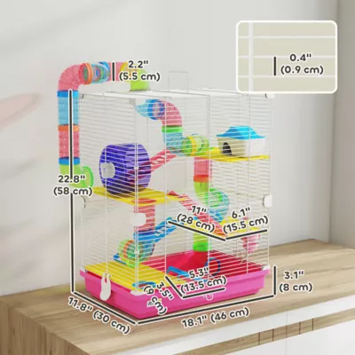 PawHut 5-Tier Hamster Cage with Exercise Wheels, Play Tube, Water Bottle, Dishes, Ladders - Image 3