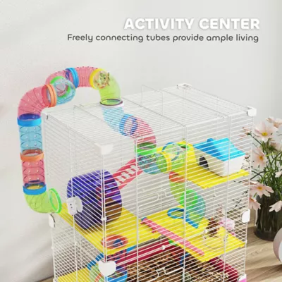 PawHut 5-Tier Hamster Cage with Exercise Wheels, Play Tube, Water Bottle, Dishes, Ladders - Image 4