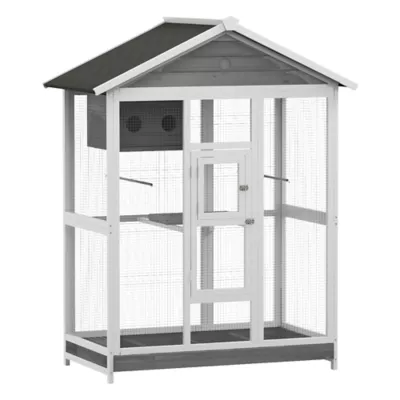 PawHut 65"H Bird Cage, Wooden Aviary with Standing Pole, Nest, Slide Out Tray, 2 Doors - Image 1