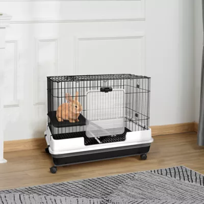 PawHut 28"H 2-Level Small Animal Habitat with Wheels, Slide-out Tray, Ramp - Image 2