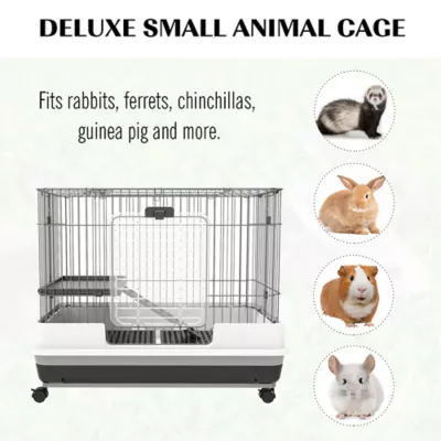 PawHut 28"H 2-Level Small Animal Habitat with Wheels, Slide-out Tray, Ramp - Image 4